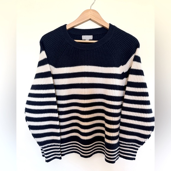 J CREW Navy/Cream stripe 100% cashmere crewneck sweater size SMALL - Picture 4 of 9